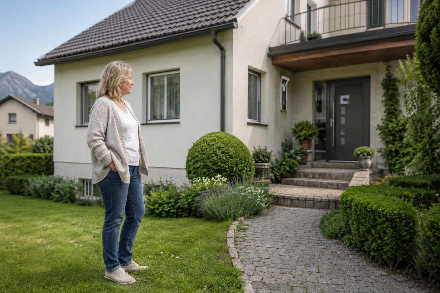 Eigentümerin vor einem gepflegten österreichischen Wohnhaus